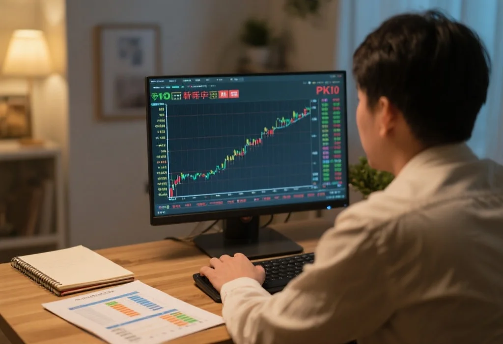 一位新手用户正在电脑前认真分析pk10数据走势图，桌面上有笔记本和数据报表，氛围积极